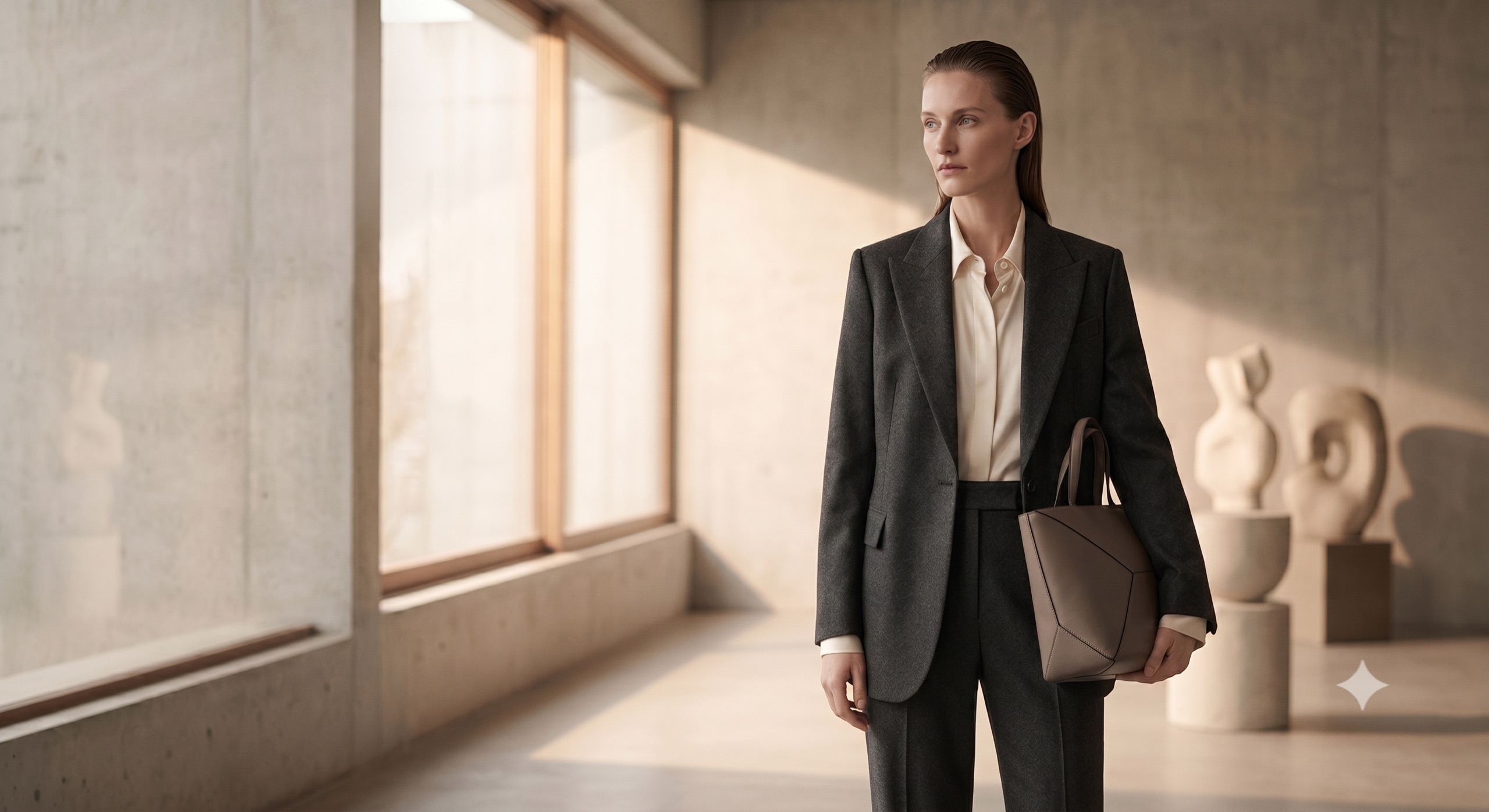 A model in structured tailored separates holding a geometric bag, in a sunlit concrete interior.