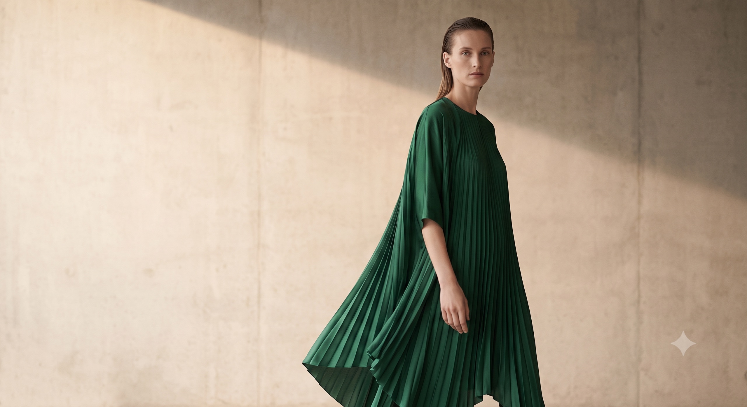A model in an asymmetric emerald pleated silk dress against a textured concrete wall.