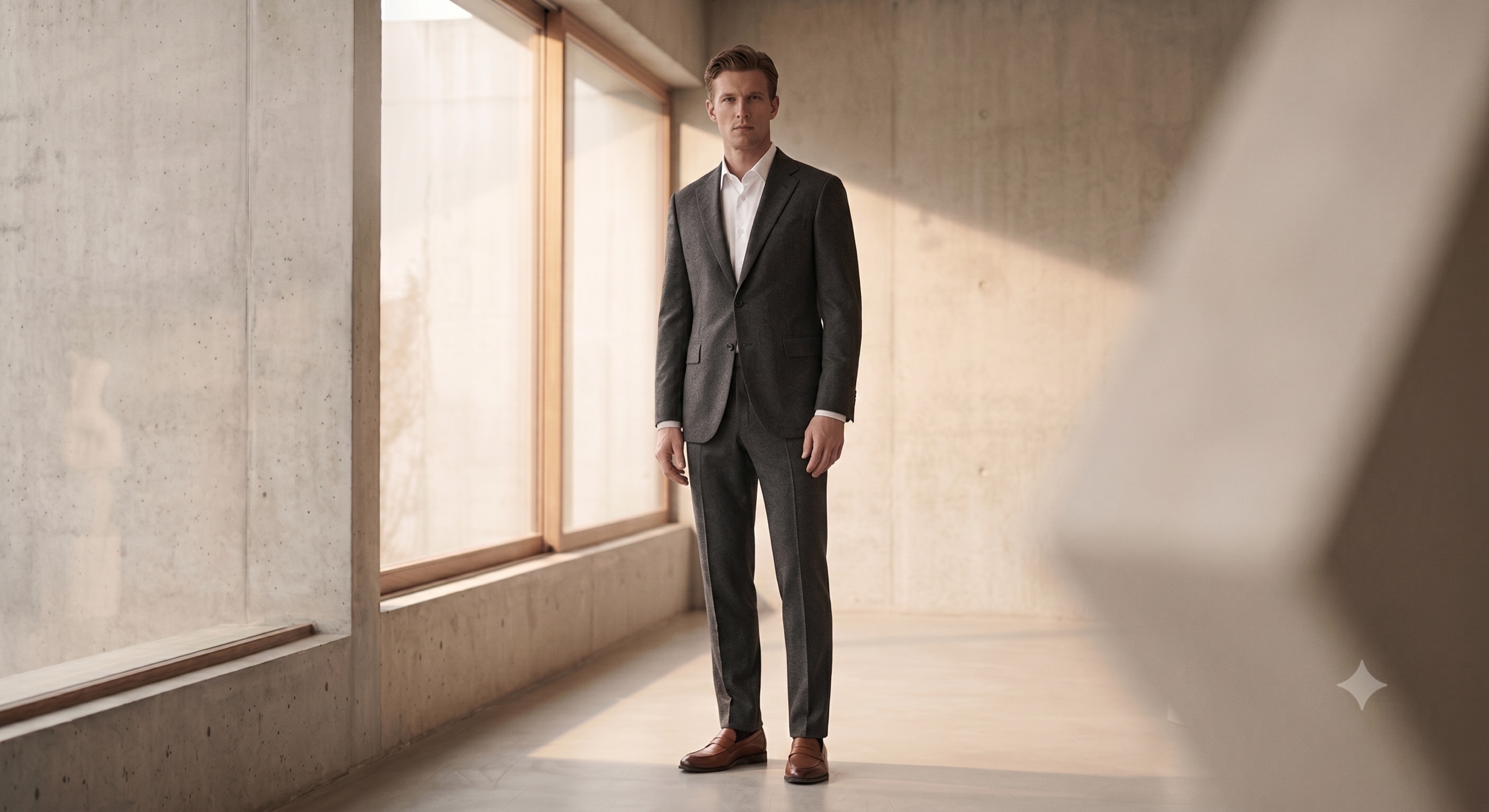 A model in a charcoal cashmere-blend suit beside the architectural window of a Vestra maison.