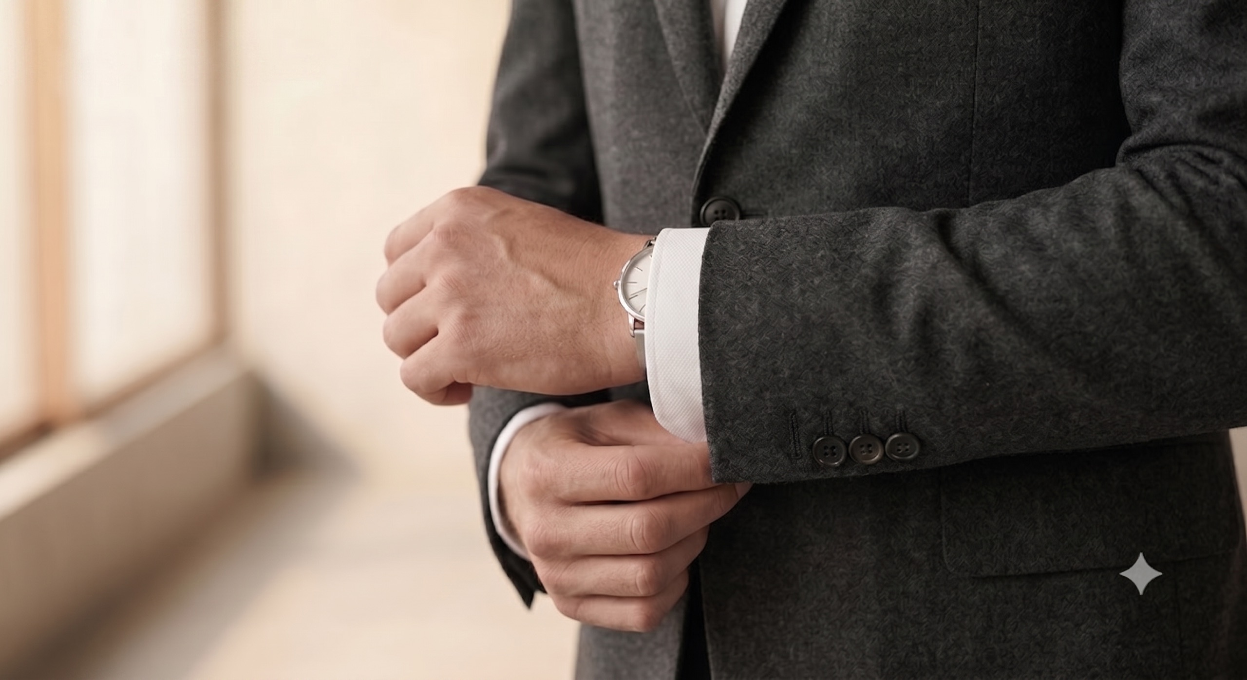 A close view of a hand adjusting the cuff of a charcoal cashmere jacket over a white shirt.